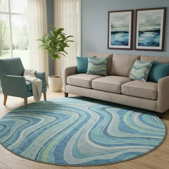 8' Blue Green And Ivory Marble Washable Round Rug With UV Protection Photo 1