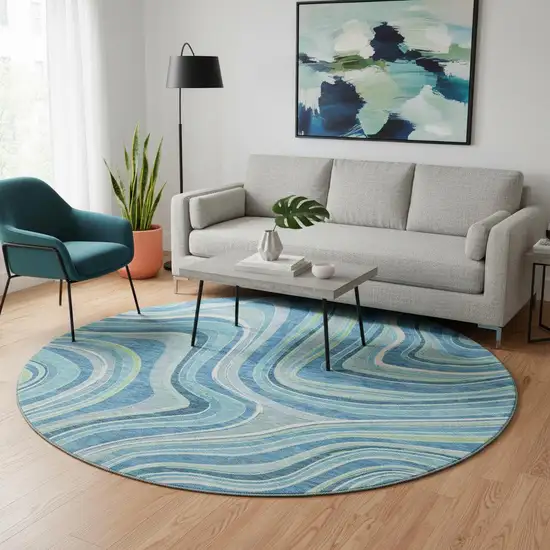8' Blue Green And Ivory Marble Washable Round Rug With UV Protection Photo 2