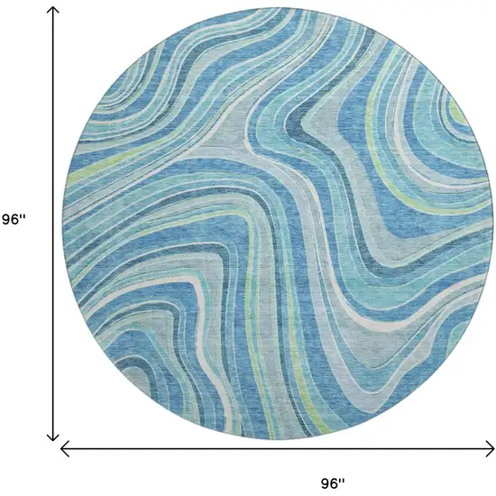 8' Blue Green And Ivory Marble Washable Round Rug With UV Protection Photo 3