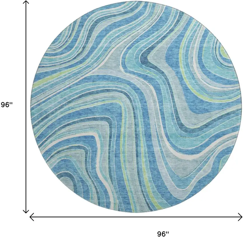8' Blue Green And Ivory Marble Washable Round Rug With UV Protection Photo 3