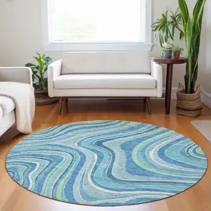 Photo of 8' Blue Green And Ivory Marble Washable Round Rug With UV Protection