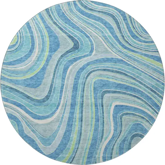 8' Blue Green And Ivory Marble Washable Round Rug With UV Protection Photo 4