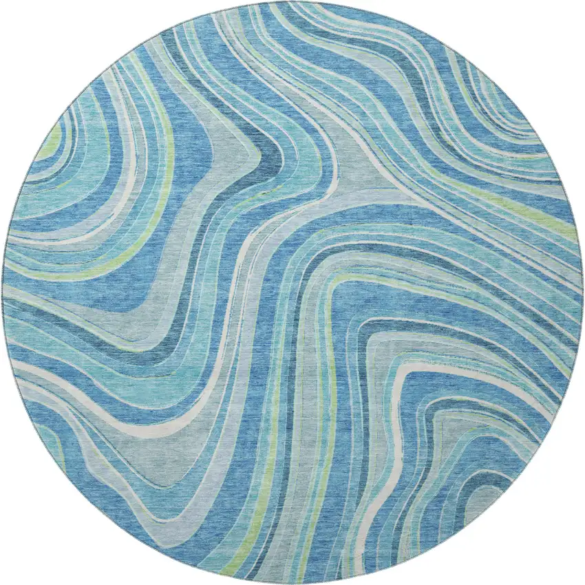 8' Blue Green And Ivory Marble Washable Round Rug With UV Protection Photo 4