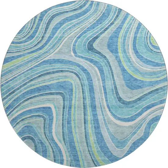 8' Blue Green And Ivory Marble Washable Round Rug With UV Protection Photo 1
