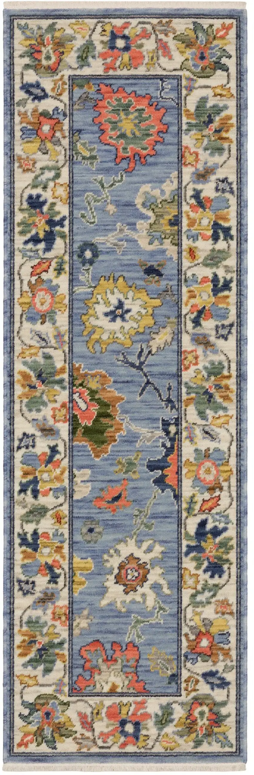 6' Blue Green And Ivory Oriental Runner Rug With Fringe Photo 2