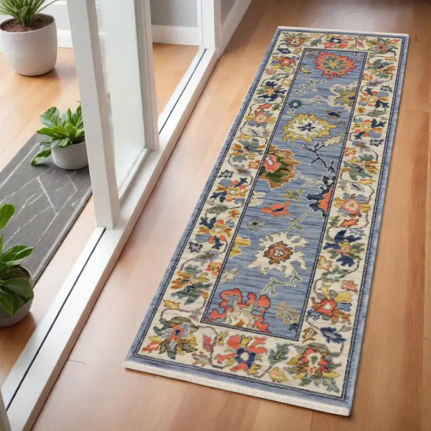 6' Blue Green And Ivory Oriental Runner Rug With Fringe Photo 1