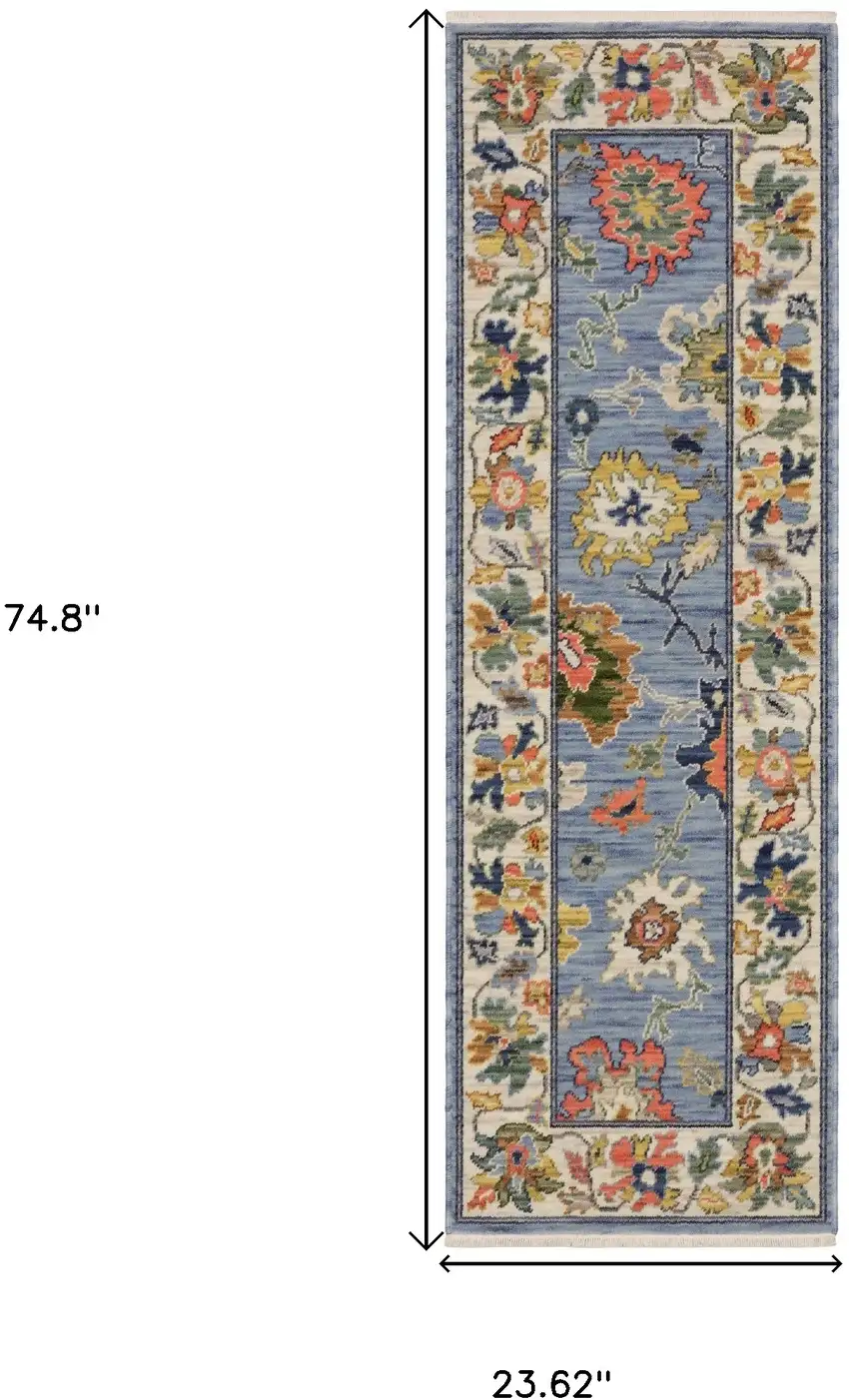6' Blue Green And Ivory Oriental Runner Rug With Fringe Photo 3