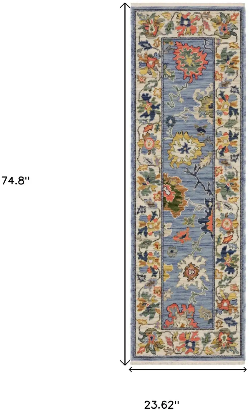 6' Blue Green And Ivory Oriental Runner Rug With Fringe Photo 3