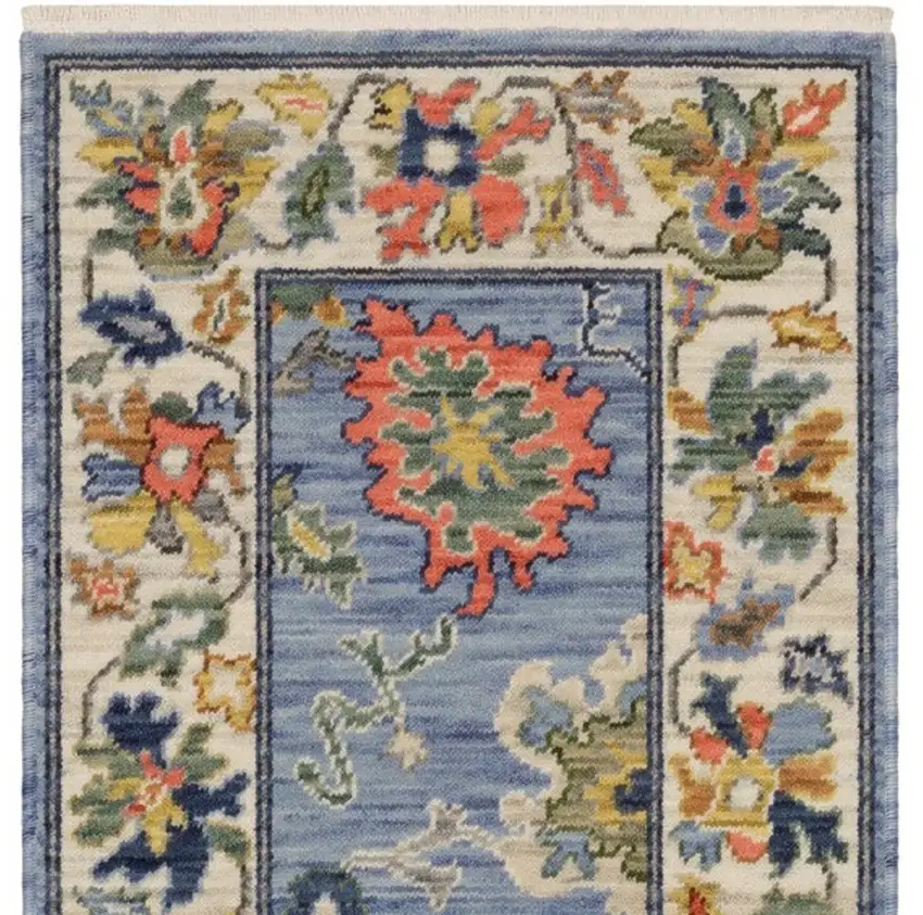 6' Blue Green And Ivory Oriental Runner Rug With Fringe Photo 5