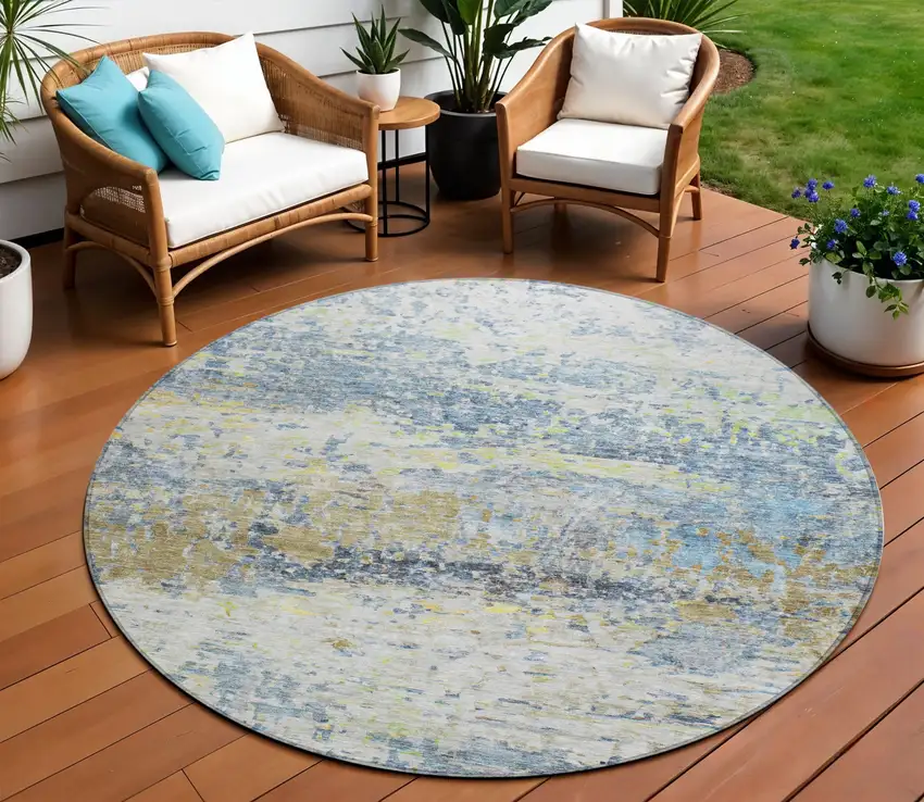 8' Blue Green And Ivory Round Abstract Washable Indoor Outdoor Area Rug Photo 1