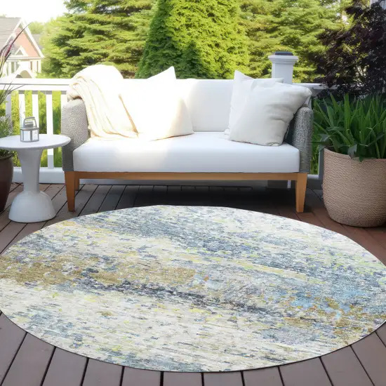 8' Blue Green And Ivory Round Abstract Washable Indoor Outdoor Area Rug Photo 8