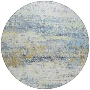 Photo of 8' Blue Green And Ivory Round Abstract Washable Indoor Outdoor Area Rug