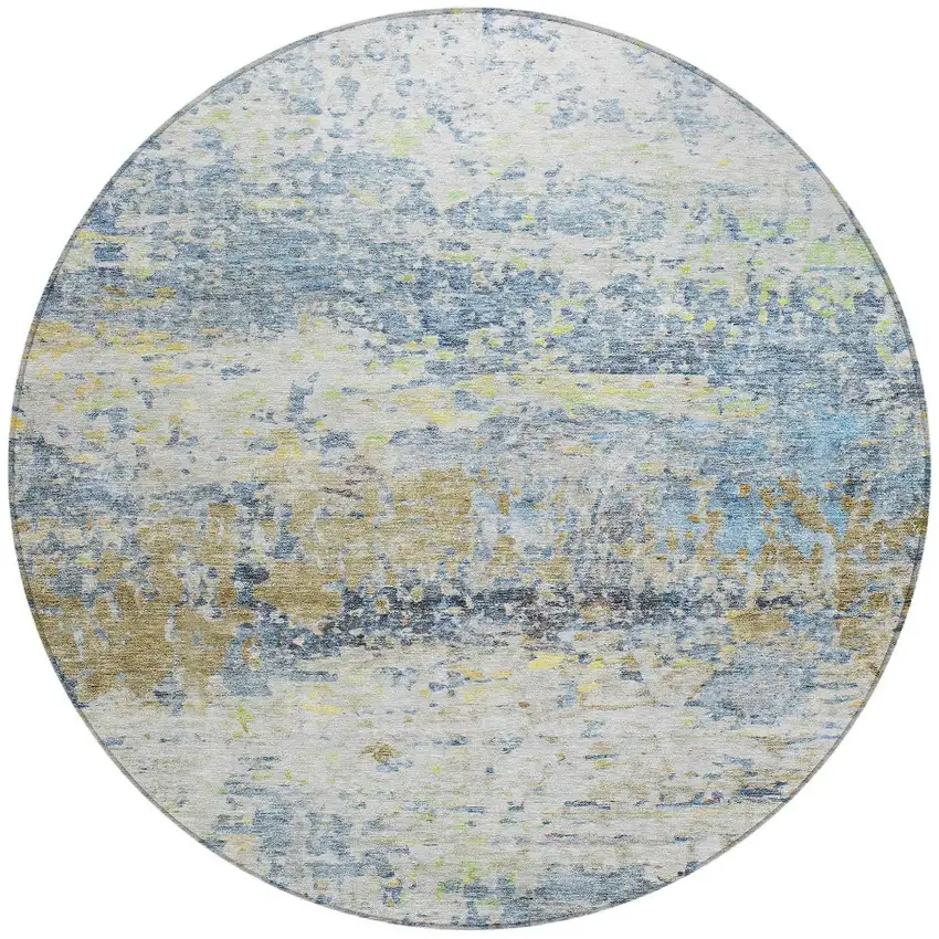8' Blue Green And Ivory Round Abstract Washable Indoor Outdoor Area Rug Photo 6