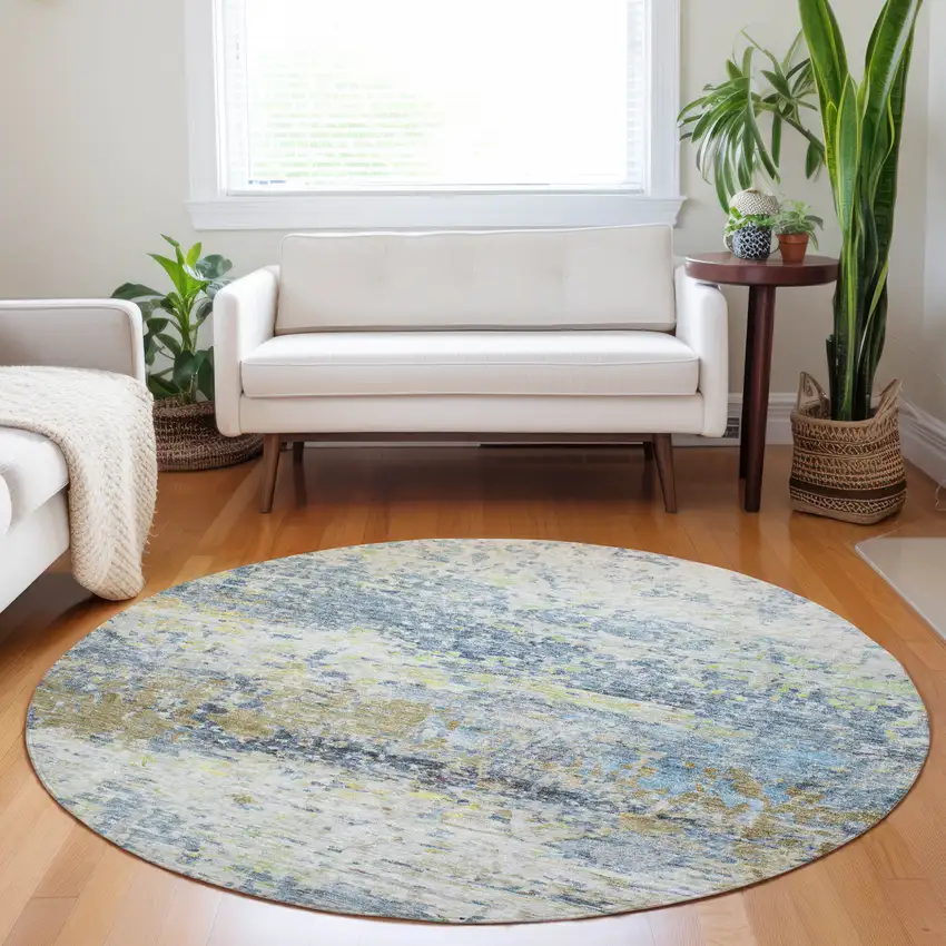 8' Blue Green And Ivory Round Abstract Washable Indoor Outdoor Area Rug Photo 9