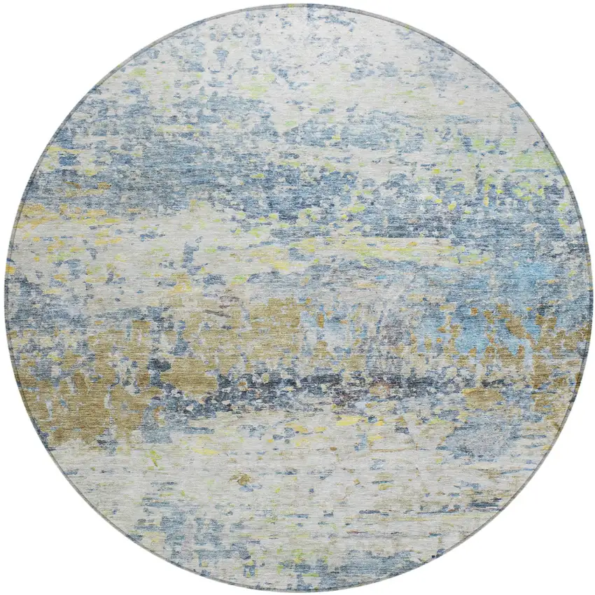 8' Blue Green And Ivory Round Abstract Washable Indoor Outdoor Area Rug Photo 2