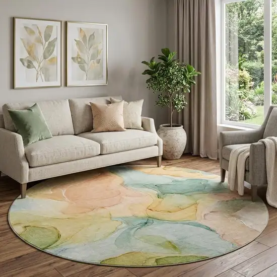 8' Blue Green And Orange Abstract Washable Round Rug With UV Protection Photo 1