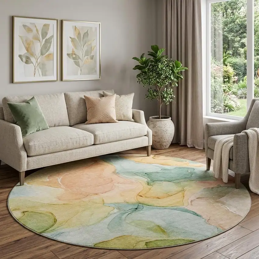 8' Blue Green And Orange Abstract Washable Round Rug With UV Protection Photo 1