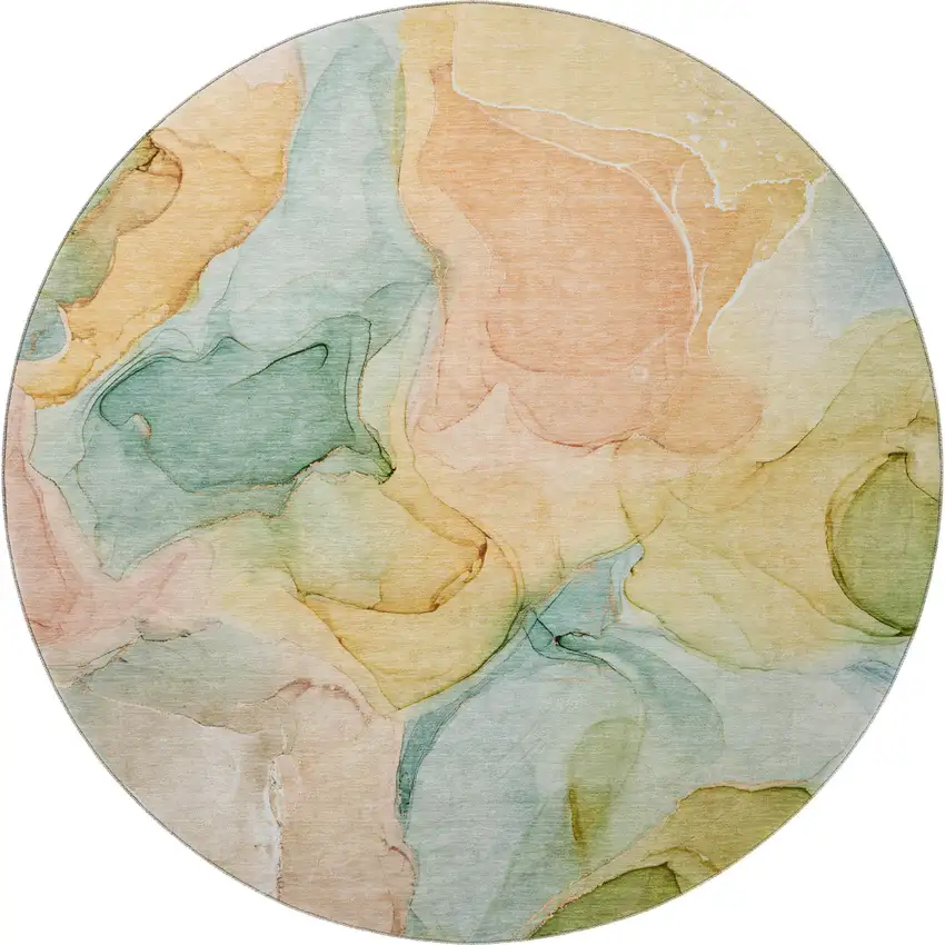 8' Blue Green And Orange Abstract Washable Round Rug With UV Protection Photo 3