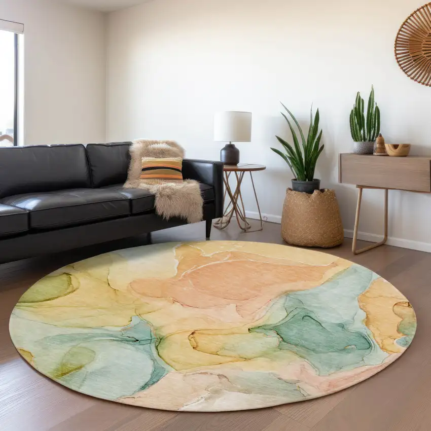 8' Blue Green And Orange Abstract Washable Round Rug With UV Protection Photo 4