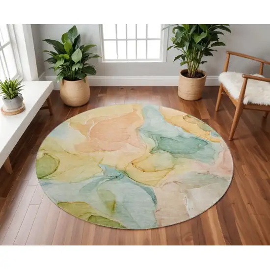 8' Blue Green And Orange Abstract Washable Round Rug With UV Protection Photo 2