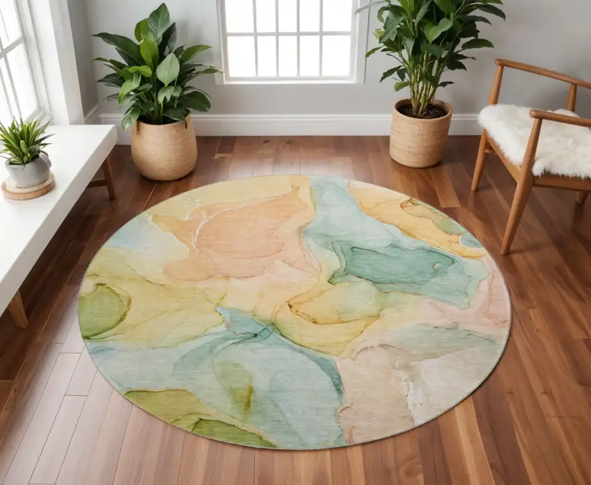 8' Blue Green And Orange Abstract Washable Round Rug With UV Protection Photo 2