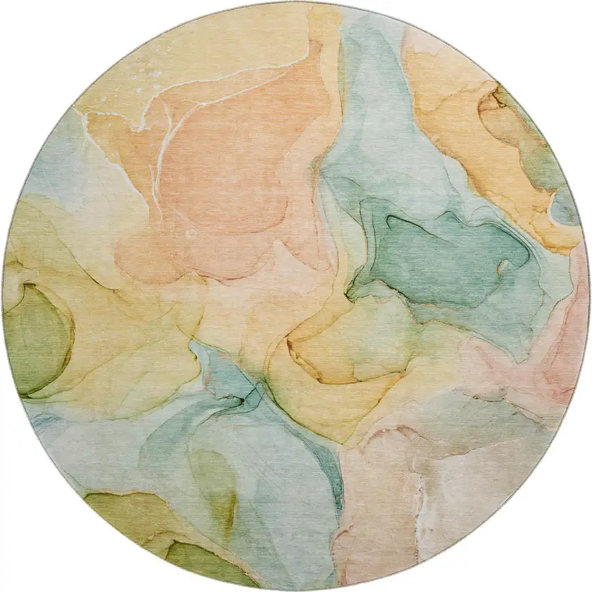 8' Blue Green And Orange Abstract Washable Round Rug With UV Protection Photo 2