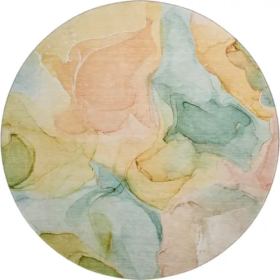 8' Blue Green And Orange Abstract Washable Round Rug With UV Protection Photo 2