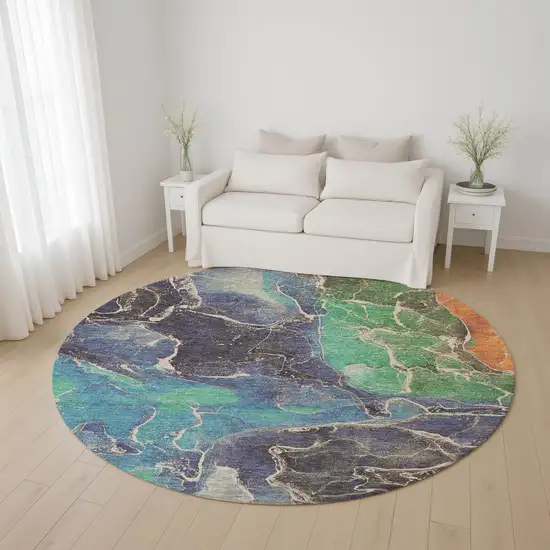 8' Blue Green And Orange Abstract Washable Round Rug With UV Protection Photo 3