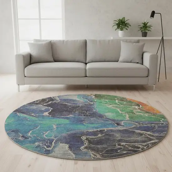 8' Blue Green And Orange Abstract Washable Round Rug With UV Protection Photo 2