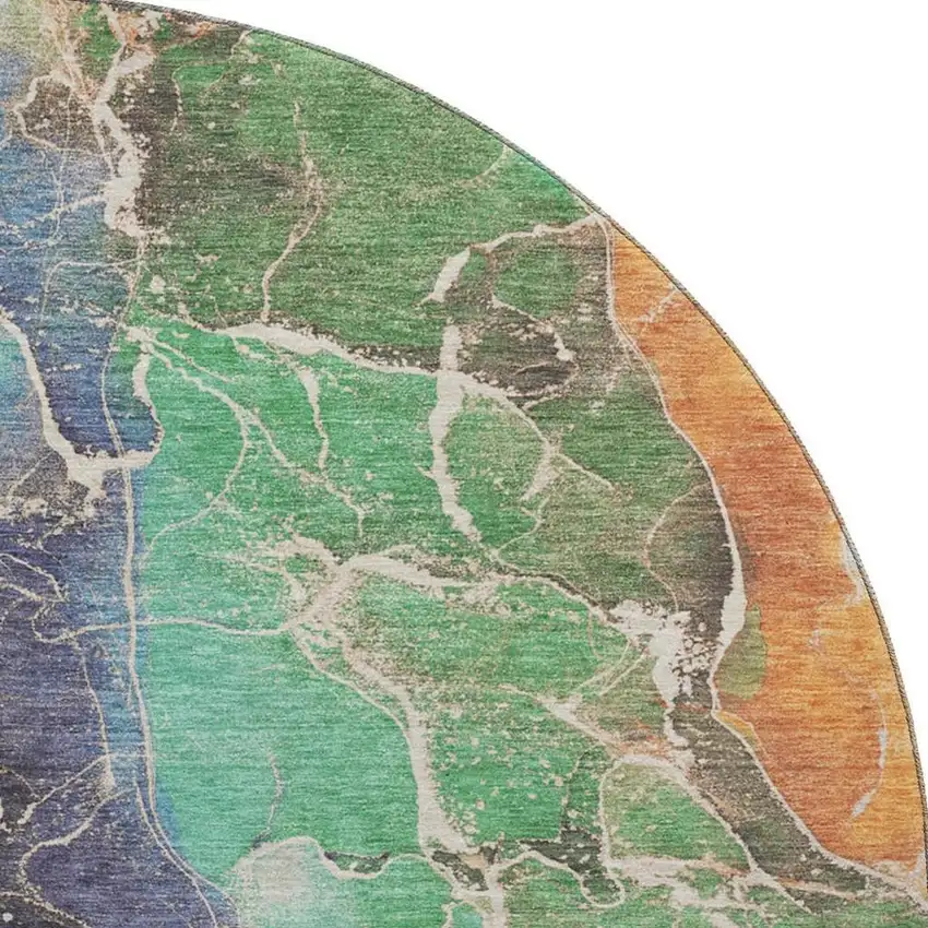 8' Blue Green And Orange Abstract Washable Round Rug With UV Protection Photo 2