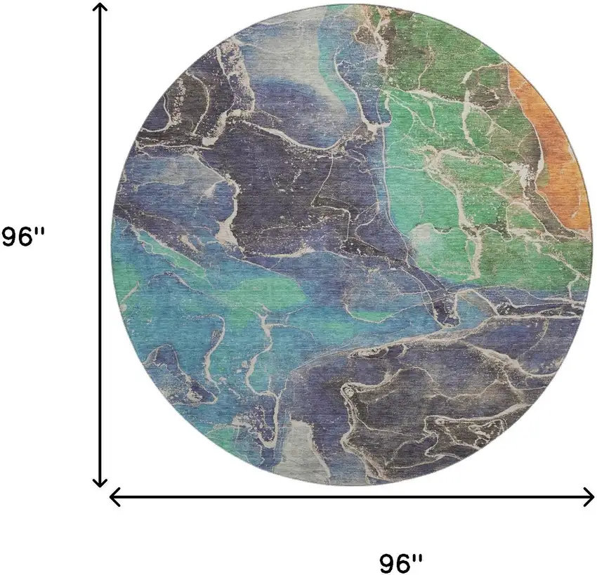 8' Blue Green And Orange Abstract Washable Round Rug With UV Protection Photo 8