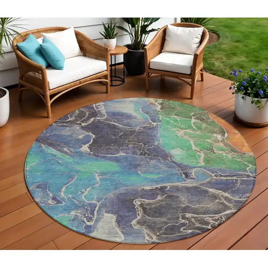 8' Blue Green And Orange Round Abstract Washable Indoor Outdoor Area Rug Photo 2