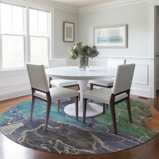 8' Blue Green And Orange Round Abstract Washable Indoor Outdoor Area Rug Photo 6