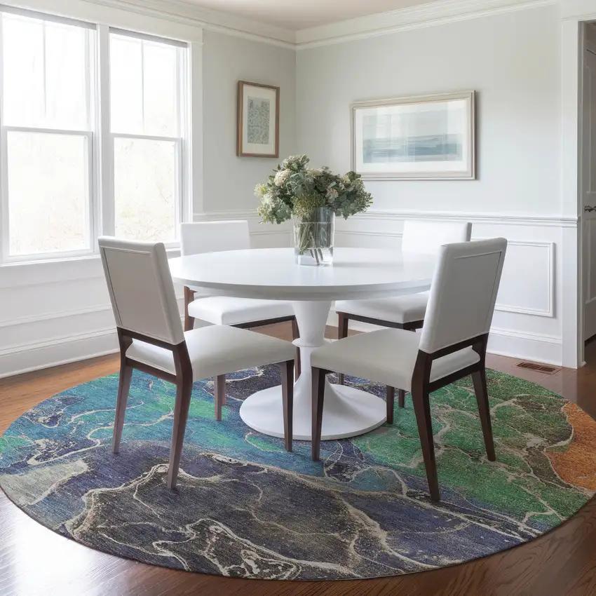 8' Blue Green And Orange Round Abstract Washable Indoor Outdoor Area Rug Photo 6