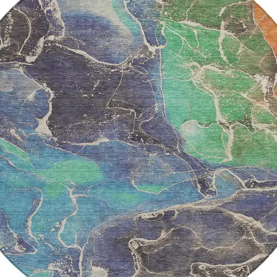 8' Blue Green And Orange Round Abstract Washable Indoor Outdoor Area Rug Photo 9