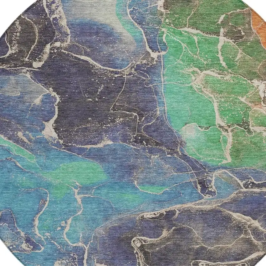 8' Blue Green And Orange Round Abstract Washable Indoor Outdoor Area Rug Photo 4