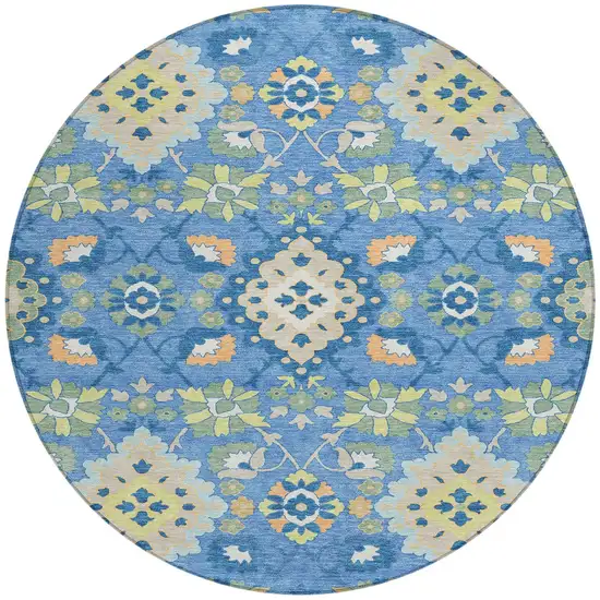 8' Blue Green And Orange Round Oriental Washable Indoor Outdoor Area Rug Photo 6