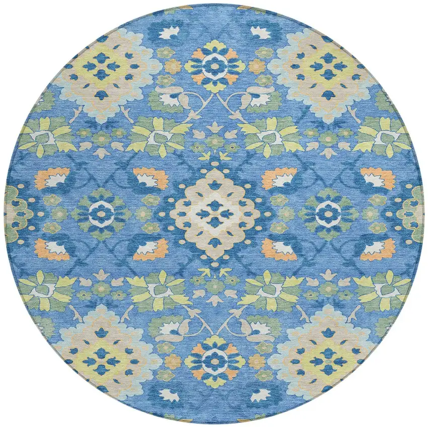8' Blue Green And Orange Round Oriental Washable Indoor Outdoor Area Rug Photo 6