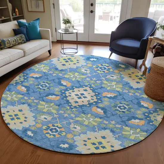 8' Blue Green And Orange Round Oriental Washable Indoor Outdoor Area Rug Photo 8