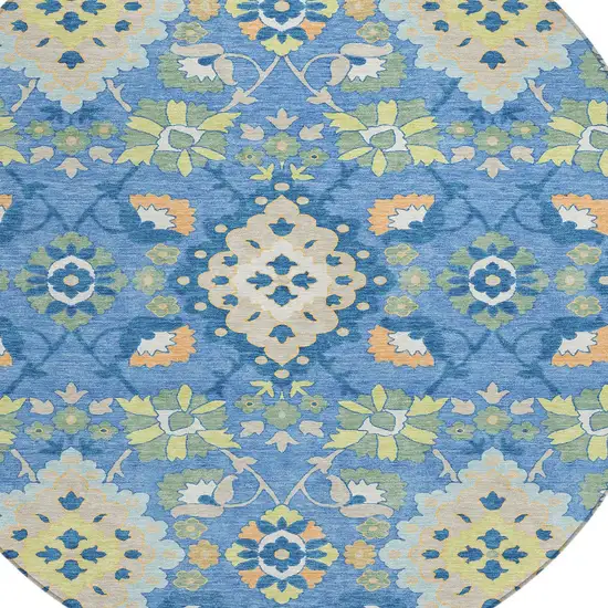 8' Blue Green And Orange Round Oriental Washable Indoor Outdoor Area Rug Photo 5