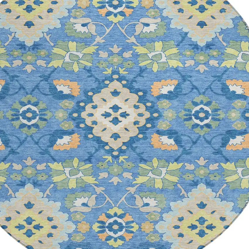 8' Blue Green And Orange Round Oriental Washable Indoor Outdoor Area Rug Photo 5