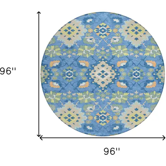 8' Blue Green And Orange Round Oriental Washable Indoor Outdoor Area Rug Photo 3