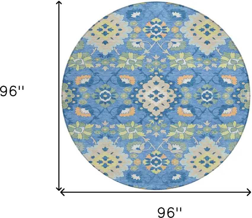 8' Blue Green And Orange Round Oriental Washable Indoor Outdoor Area Rug Photo 3