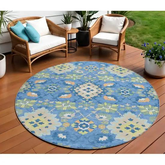 8' Blue Green And Orange Round Oriental Washable Indoor Outdoor Area Rug Photo 1