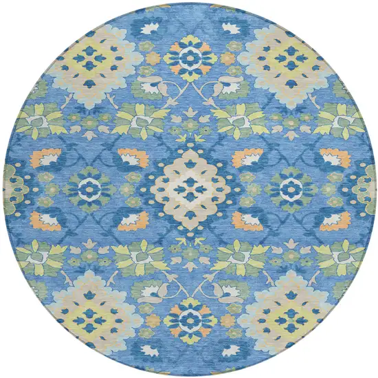 8' Blue Green And Orange Round Oriental Washable Indoor Outdoor Area Rug Photo 2