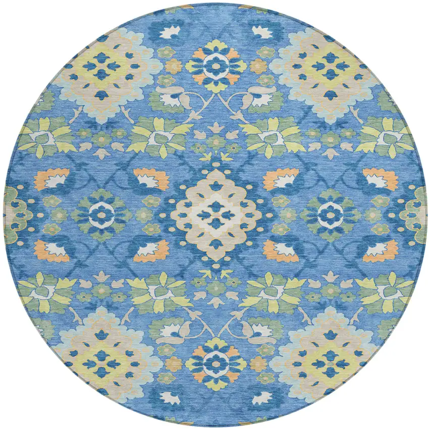 8' Blue Green And Orange Round Oriental Washable Indoor Outdoor Area Rug Photo 2