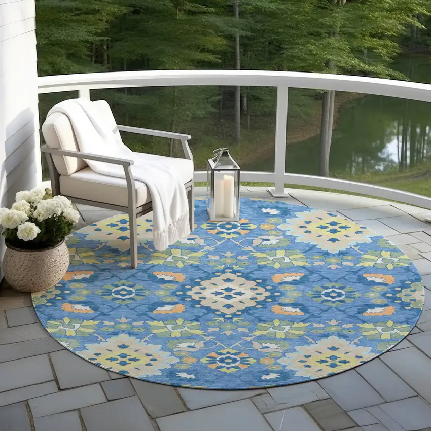 8' Blue Green And Orange Round Oriental Washable Indoor Outdoor Area Rug Photo 7
