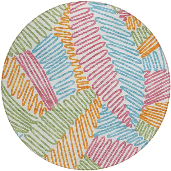 8' Blue Green And Pink Round Floral Washable Indoor Outdoor Area Rug Photo 2