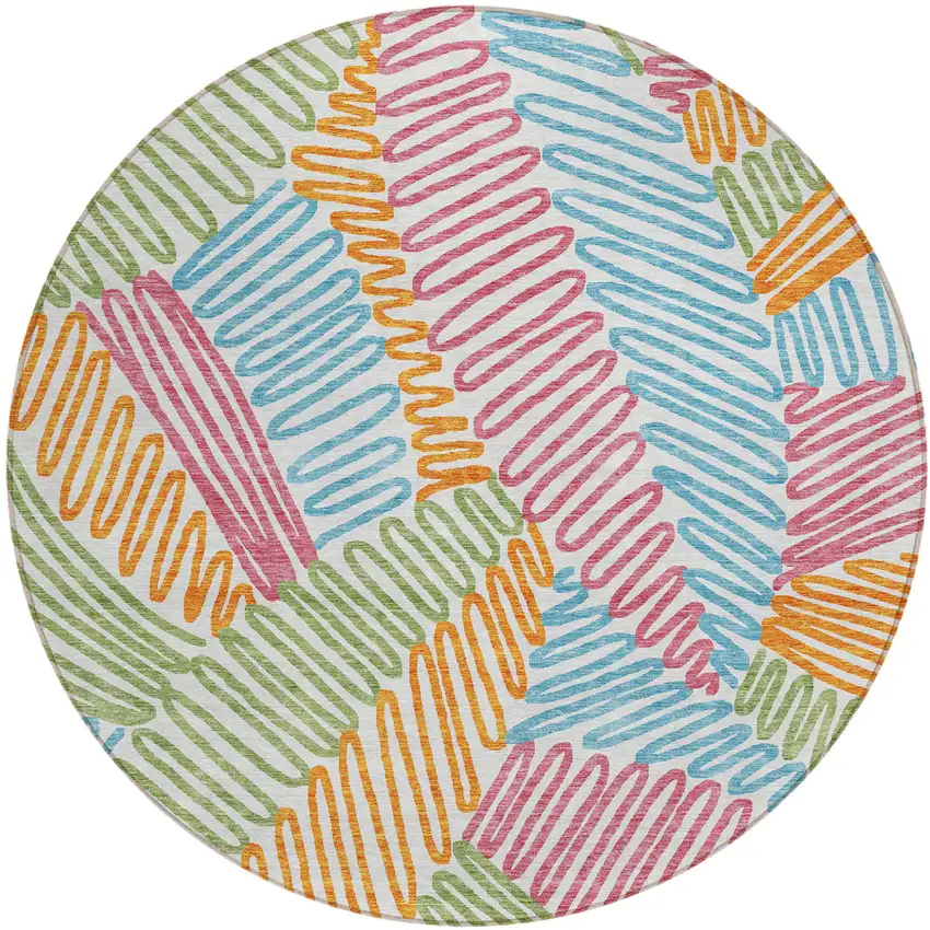 8' Blue Green And Pink Round Floral Washable Indoor Outdoor Area Rug Photo 2