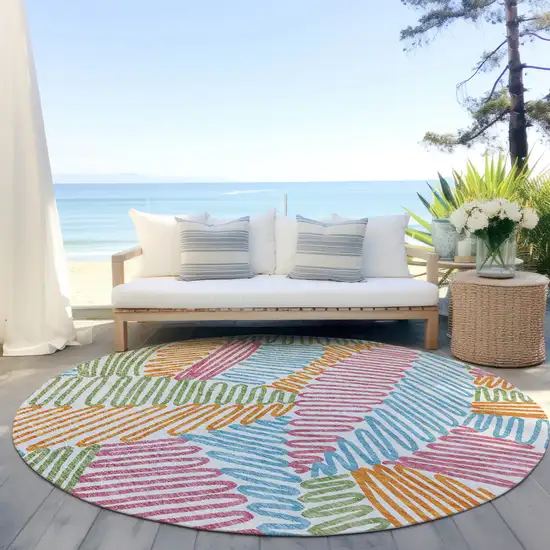 8' Blue Green And Pink Round Floral Washable Indoor Outdoor Area Rug Photo 7